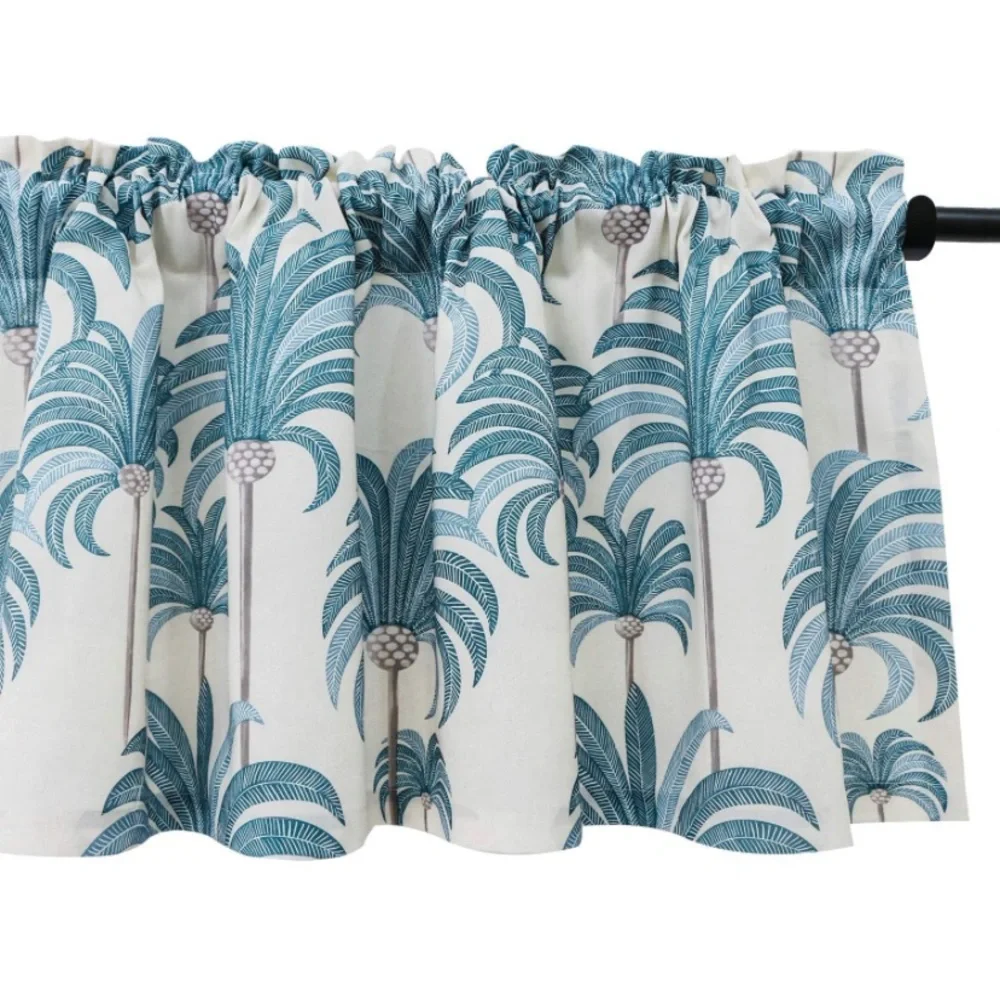 Luxury Home | Coastal Chic Blue Palm Tree Print Linen Blend Window Valence